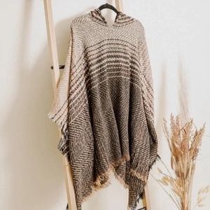 Mocha Herringbone Tweed Hooded Frayed Edge Knit Poncho